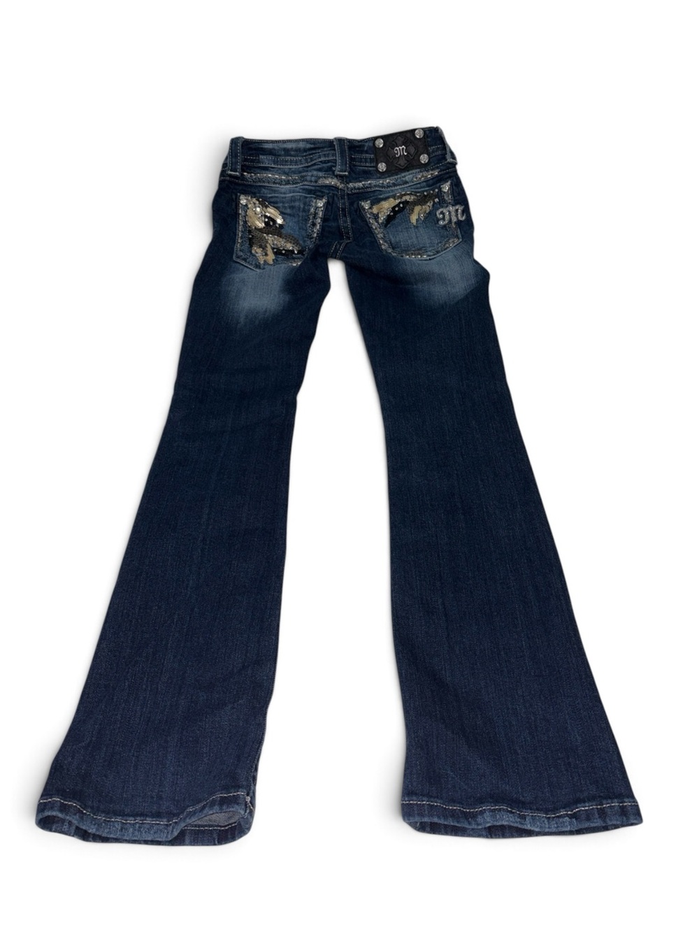 Miss Me Womenās Size 25 Low Rise Distressed Embellished Bootcut Denim Blue Jeans